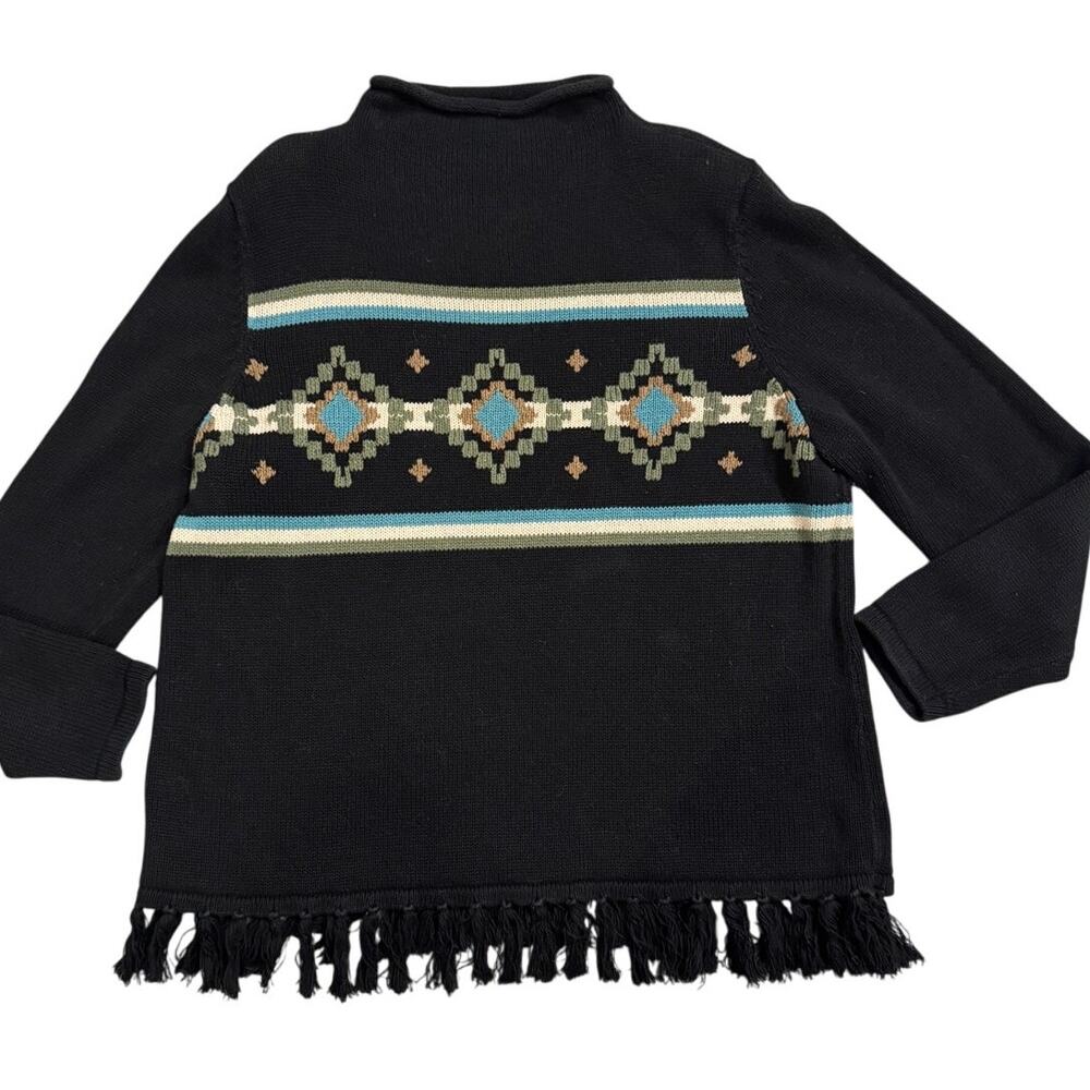 CJ Banks Black Fringe Hem Sweater Mock Neck Aztec Pattern Size X